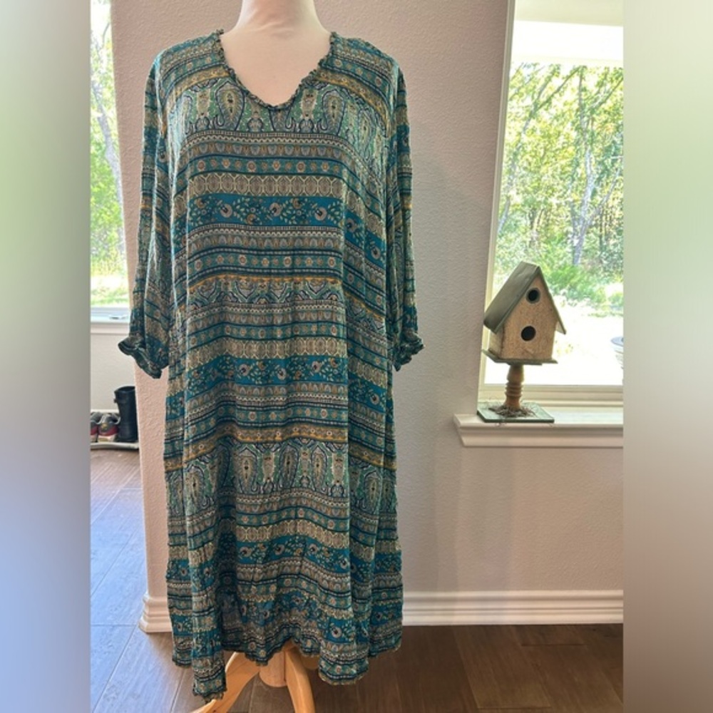 J Jill crinkle green and yellow floral paisley Bohemian Patterned Dress 4X